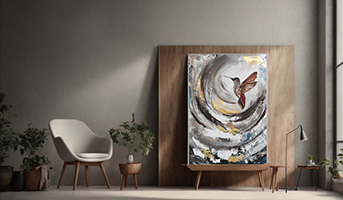 Image of a few people looking at paintings inside the museum