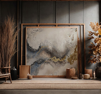 Image of museum exhibit featuring sculpture and prints of abstract art in mostly orange and turquoise colors